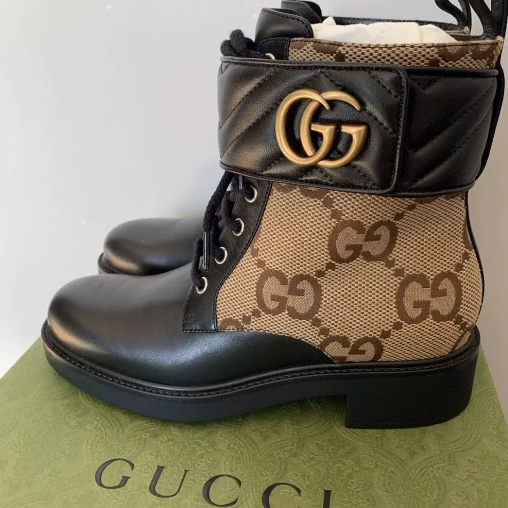 Gucci Double G Logo Leather Combat Boots - Picture 2 of 10
